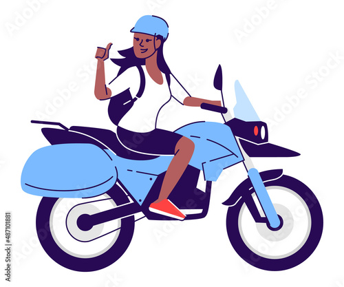 Confident woman riding motorbike semi flat RGB color vector illustration. Active lifestyle. Person using rental service for traveling isolated cartoon character on white background