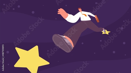 Man jump from star to new star. Business people success  goals and targets. Succesful employee in suit  career develop  vector concept