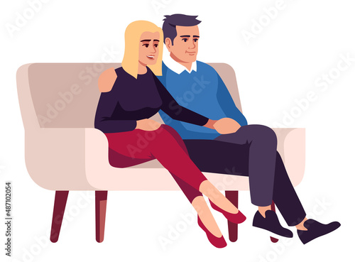 Couple sitting on sofa and embracing semi flat RGB color vector illustration. Woman and man visiting psychologist consultation meeting isolated cartoon characters on white background