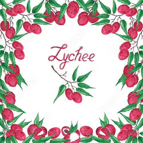 Frame with bright pink ripe lychee berries on a branch with green leaves on a white background. Inscription. Watercolor illustration. Tropical fruits. Template for labels, menu design.