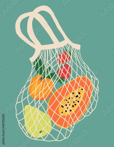 A mesh or mesh bag full of fruit. Modern shop with fresh organic papaya, pears, oranges and strawberries from the local market. Vector illustration in flat cartoon style.