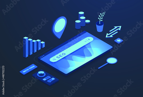 SEO - Search Engine Optimization Marketing Strategy isometric concept. Traffic Rank Website Analysis. Search bar, rating, chart, backlinks, meta tags and local pin icons. Modern vector illustration.