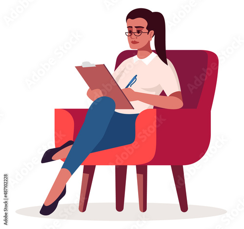 Female clinical therapist semi flat RGB color vector illustration. Sitting figure. Counselor conducting psychological consultation meeting isolated cartoon character on white background