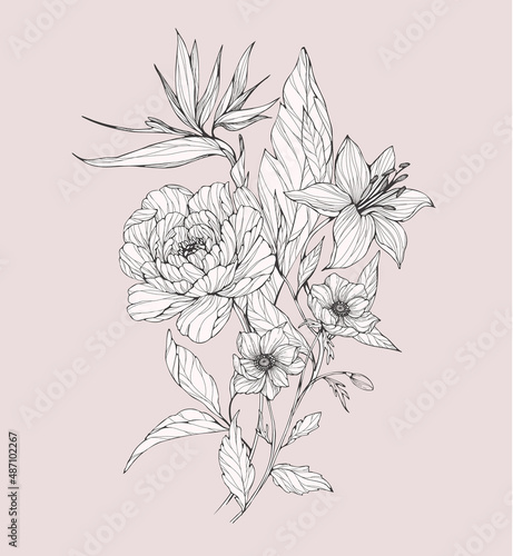 Trendy wedding flowers for logo or decorations. Hand drawn line wedding decoraton, elegant leaves for invitation save the date card. Botanical rustic trendy greenery