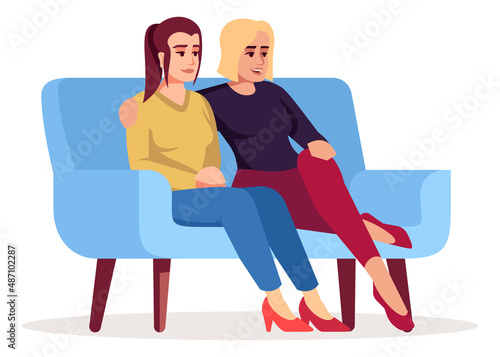 Lesbian couple sitting on sofa semi flat RGB color vector illustration. Bonding with partner. Women visiting psychologist consultation meeting isolated cartoon characters on white background