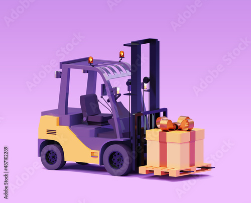 Vector forklift with gift box. Forklift and pallet loaded with gift box with golden ribbon. Illustration with purple background