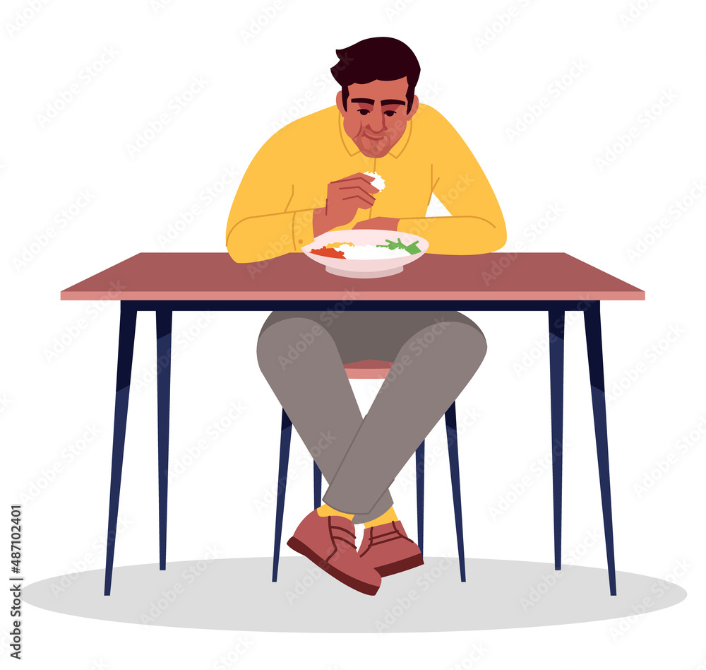 Guy eating indian food with hands semi flat RGB color vector illustration. Foodie lifestyle. Healthy appetite. Person eating out alone isolated cartoon character on white background Guy eating indian food with hands semi flat RGB color vector illustration. Foodie lifestyle. Healthy appetite. Person eating out alone isolated cartoon character on white background
