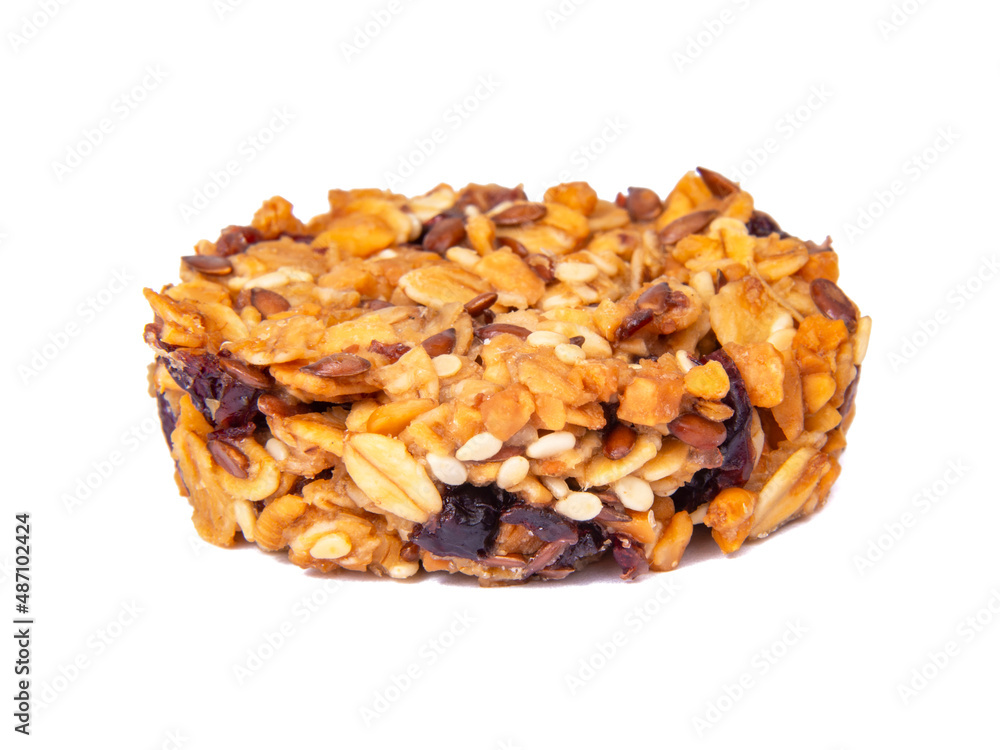 Cereal snack cookies no sugar with honey oatmeal grain isolated on the white Cereal snack cookies no sugar with honey oatmeal grain isolated on the white