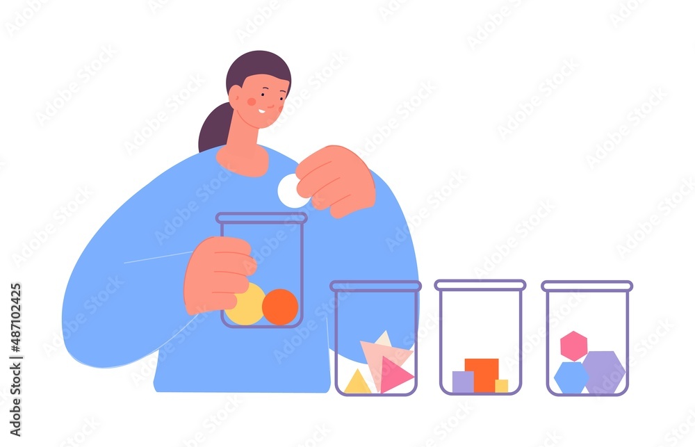 Naklejka premium Woman do tasks distribution metaphor. Sorting geometric figures in jars. Successful self time management, business list. Logic task vector concept