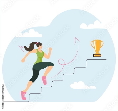 Young uplr woman athlete climbs the career ladder, takes steps, runs to victory, award, trophy. Promotion at work. A successful winning girl strives for the goal. Vector isolated illustration.