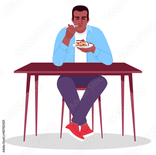 Pleased man eating sweet cake semi flat RGB color vector illustration. Sitting figure. Healthy appetite. Having sweet tooth. Person eating out alone isolated cartoon character on white background