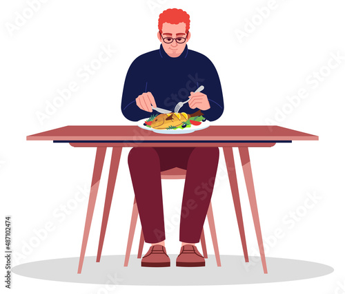 Man eating fish with knife and fork semi flat RGB color vector illustration. Foodie lifestyle. Healthy appetite. Person eating out alone isolated cartoon character on white background