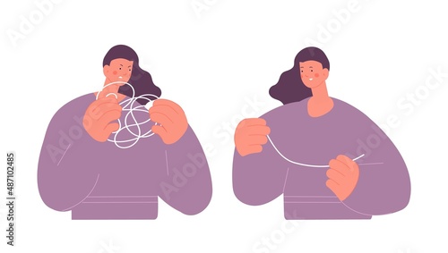 Woman unravels puzzle. Tangled mind, mental problems solution. Angry adult with tangle and happy with simple line, mindfulness self care, vector concept