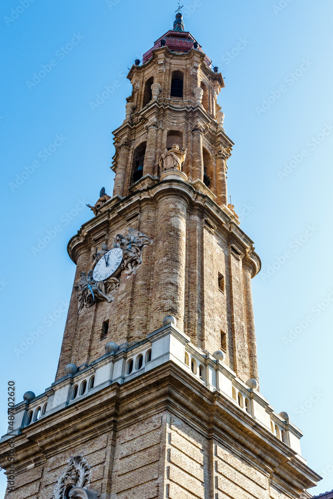Exterior of the clock tower of Cathedral of the Savior of Zaragoza, Aragon, Spain, Europe