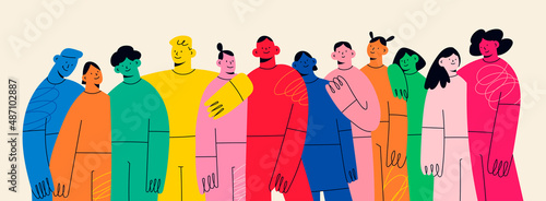 Group of abstract diverse people. Friends or coworkers are standing, hugging, posing together. Cartoon characters. Teamwork, togetherness, friendship concept. Hand drawn colorful Vector illustration