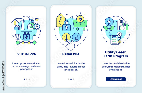 Types of PPA onboarding mobile app screen. Agreement definitions walkthrough 3 steps graphic instructions pages with linear concepts. UI, UX, GUI template. Myriad Pro-Bold, Regular fonts used