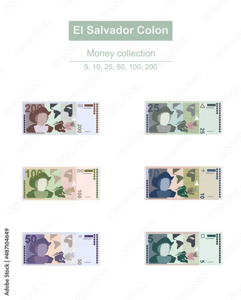 El Salvador Colon Vector Illustration. Salvadoran money set bundle banknotes. Paper money 5, 10, 25, 50, 100, 200 SVC. Flat style. Isolated on white background. Simple minimal design.