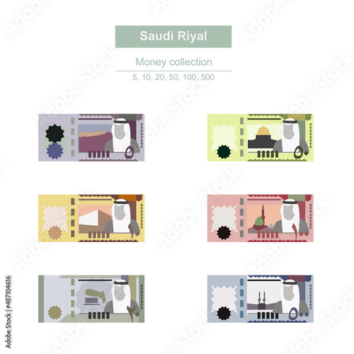 Saudi Riyal Vector Illustration. Saudi Arabia money set bundle banknotes. Paper money 5, 10, 20, 50, 100, 500 SAR. Flat style. Isolated on white background. Simple minimal design. photo