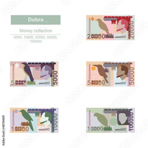 Dobra Vector Illustration. São Tomé and Príncipe money set bundle banknotes. Paper money 5000, 10000, 20000, 50000, 100000 STN. Flat style. Isolated on white background. Simple minimal design.