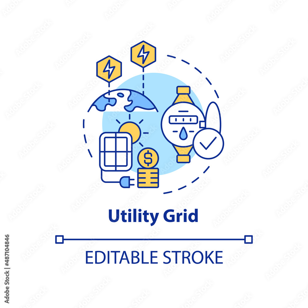 Utility grid concept icon. Solar energy system. Power purchase agreements abstract idea thin line illustration. Isolated outline drawing. Editable stroke. Arial, Myriad Pro-Bold fonts used