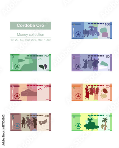 Cordoba Oro Vector Illustration. Nicaragua money set bundle banknotes. Paper money 10, 20, 50, 100, 200, 500, 1000 NIO. Flat style. Isolated on white background. Simple minimal design.