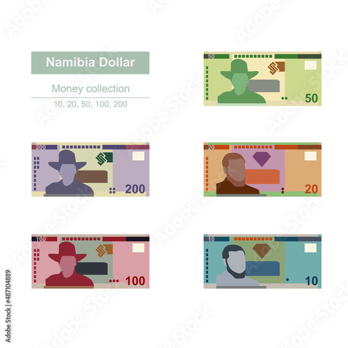 Namibian Dollar Vector Illustration. Namibia money set bundle banknotes. Paper money 10, 20, 50, 100, 200 NAD. Flat style. Isolated on white background. Simple minimal design.