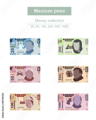 Mexican peso Vector Illustration. Mexico money set bundle banknotes. Paper money 20, 50, 100, 200, 500, 1000 MXN. Flat style. Isolated on white background. Simple minimal design. photo