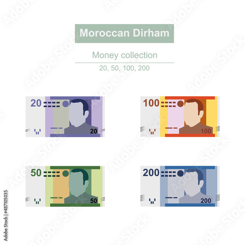 Moroccan Dirham Vector Illustration. Morocco, Ceuta, Melilla, Spain money set bundle banknotes. Paper money 20, 50, 100, 200 MAD. Flat style. Isolated on white background.