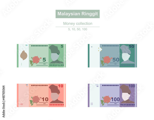 Malaysian Ringgit Vector Illustration. Malaysia, Indonesia, Philippines, Thailand, Vietnam money set bundle banknotes. Paper money 5, 10, 50, 100 MYR. Flat style. Isolated on white background. photo