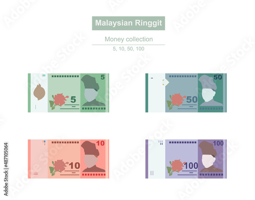 Malaysian Ringgit Vector Illustration. Malaysia, Indonesia, Philippines, Thailand, Vietnam money set bundle banknotes. Paper money 5, 10, 50, 100 MYR. Flat style. Isolated on white background.