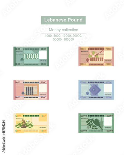 Lebanese Pound  Vector Illustration. Lebanon money set bundle banknotes. Paper money 1000, 5000, 10000, 20000, 50000, 100000 LBP. Flat style. Isolated on white background. Simple minimal design. photo