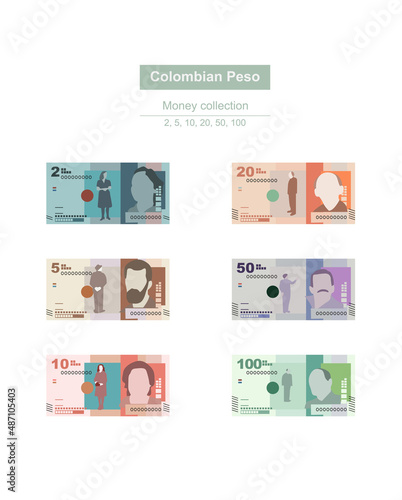 Colombian Peso Vector Illustration. Colombia, Venezuela money set bundle banknotes. Paper money 2, 5, 10, 20, 50, 100 COP. Flat style. Isolated on white background. Simple minimal design.