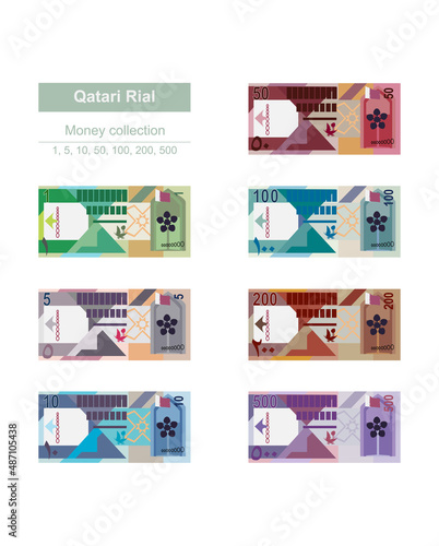Qatari Rial Vector Illustration. Qatar money set bundle banknotes. Paper money 1, 5, 10, 50, 100, 200, 500 QAR. Flat style. Isolated on white background. Simple minimal design.