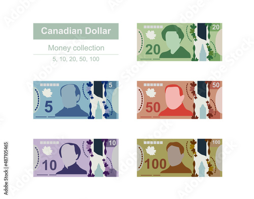Canadian Dollar Vector Illustration. Canada money set bundle banknotes. Polymeric money 5, 10, 20, 50, 100 CAD. Flat style. Isolated on white background. Simple minimal design.
