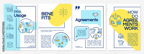 PPA usage blue and yellow brochure template. Agreement profits and work. Leaflet design with linear icons. 4 vector layouts for presentation, annual reports. Questrial-Regular, Lato-Regular fonts used