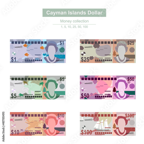 Cayman Islands Dollar Vector Illustration. Cayman Islands (UK) money set bundle banknotes. Paper money 1, 5, 10, 25, 50, 100 KYD. Flat style. Isolated on white background. Simple minimal design.