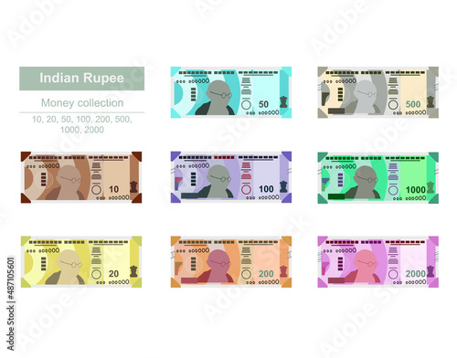 Indian Rupee Vector Illustration. India, Bhutan money set bundle banknotes. Paper money 10, 20, 50, 100, 200, 500, 1000, 2000 INR. Flat style. Isolated on white background. Simple minimal design.