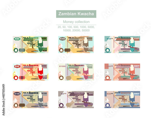 Zambian Kwacha Vector Illustration. Zimbabwe money set bundle banknotes. Paper money 20, 50, 100, 500, 1000, 5000, 10000, 20000, 50000 ZMW. Flat style. Isolated on white background.
