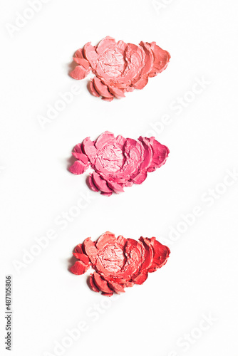 Lip stick texture. Lipstick different colors, shades options. Traces on a white isolated background from pink and red flowers cosmetics