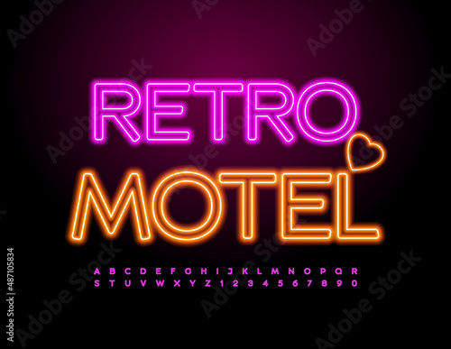 Vector bright Sign Retro Motel. Neon Font. Glowing Alphabet Letters and Numbers