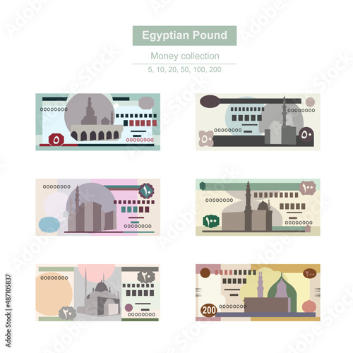 Egyptian Pound Vector Illustration. Egypt, Gaza Strip money set bundle banknotes. Paper money 5, 10, 20, 50, 100, 200 EGP. Flat style. Isolated on white background. Simple minimal design.