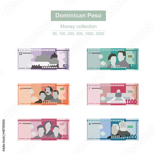 Dominican Peso Vector Illustration. Dominican Republic money set bundle banknotes. Paper money 50, 100, 200, 500, 1000, 2000 DOP. Flat style. Isolated on white background. Simple minimal design.