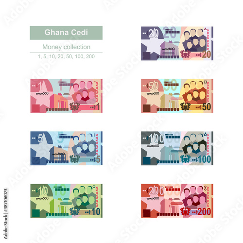 Ghana Cedi Vector Illustration. Ghanaian money set bundle banknotes. Paper money 1, 5, 10, 20, 50, 100, 200 GHS. Flat style. Isolated on white background. Simple minimal design.