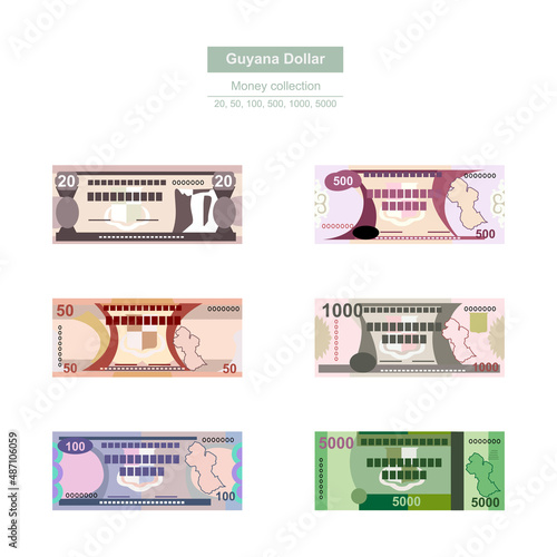 Guyana Dollar Vector Illustration. Guyanese money set bundle banknotes. Paper money 20, 50, 100, 500, 1000, 5000 GYD. Flat style. Isolated on white background. Simple minimal design.