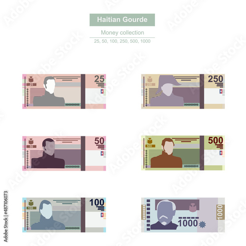 Haitian Gourde Vector Illustration. Haitian money set bundle banknotes. Paper money 25, 50, 100, 250, 500, 1000 HTG. Flat style. Isolated on white background. Simple minimal design.