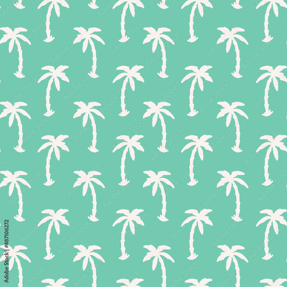 Obraz premium Palm tree seamless repeat pattern. Hand drawn, vector arecaceae perennial flowering plants all over print on cool green background.
