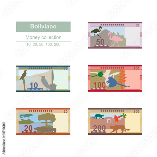 Bolivian Boliviano Vector Illustration. Bolivia money set bundle banknotes. Paper money 10, 20, 50, 100, 200 BOB. Flat style. Isolated on white background. Simple minimal design.