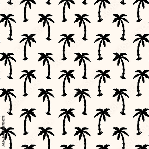 Palm tree seamless repeat pattern. Hand drawn, vector arecaceae perennial flowering plants all over print on beige white background. © MoJX.Studio