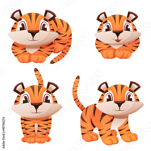 Set of cute little tiger characters with gift box, air balloon, celebrate, jump, stand, smile. Lying tiger, tiger cub with brown stripes, symbol of new 2022 year