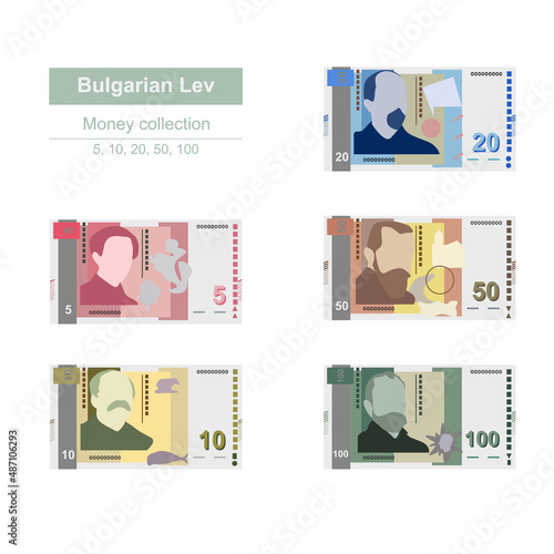 Bulgarian Lev Vector Illustration. Bulgaria money set bundle banknotes. Paper money 5, 10, 20, 50, 100 BGN. Flat style. Isolated on white background. Simple minimal design.